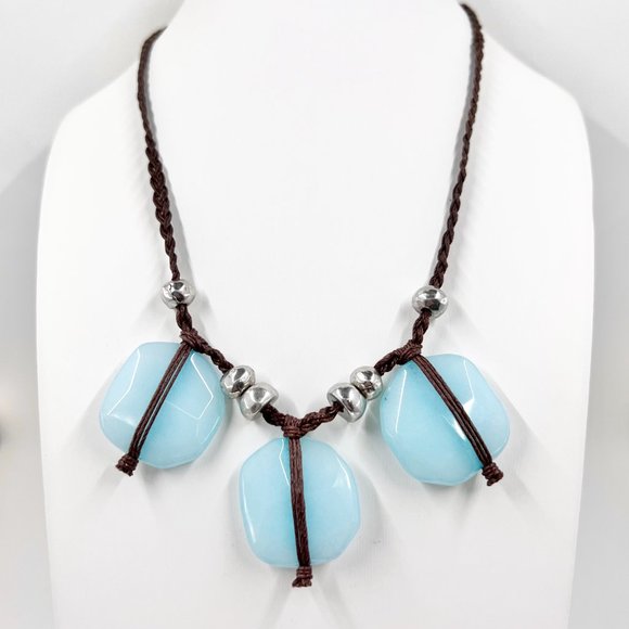 BOHO Vibes Baby Blue Dyed Quarts Braided Brown Cord 18” Necklace - Picture 2 of 7